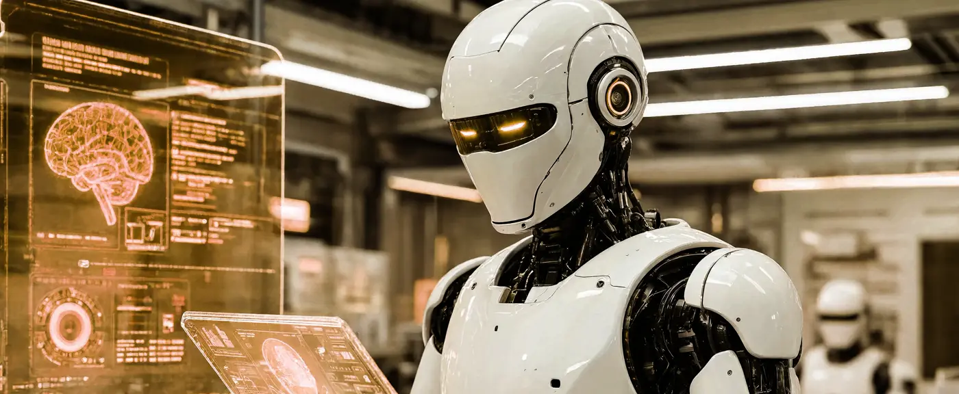 Robots ar holografiskiem datu ekrāniem — mākslīgā intelekta meklēšanas sistēmas un AI SEO optimizācija