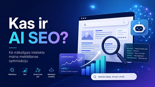 AI SEO ilustrācija, mākslīgais intelekts analizē mājaslapas saturu un meklēšanas datus