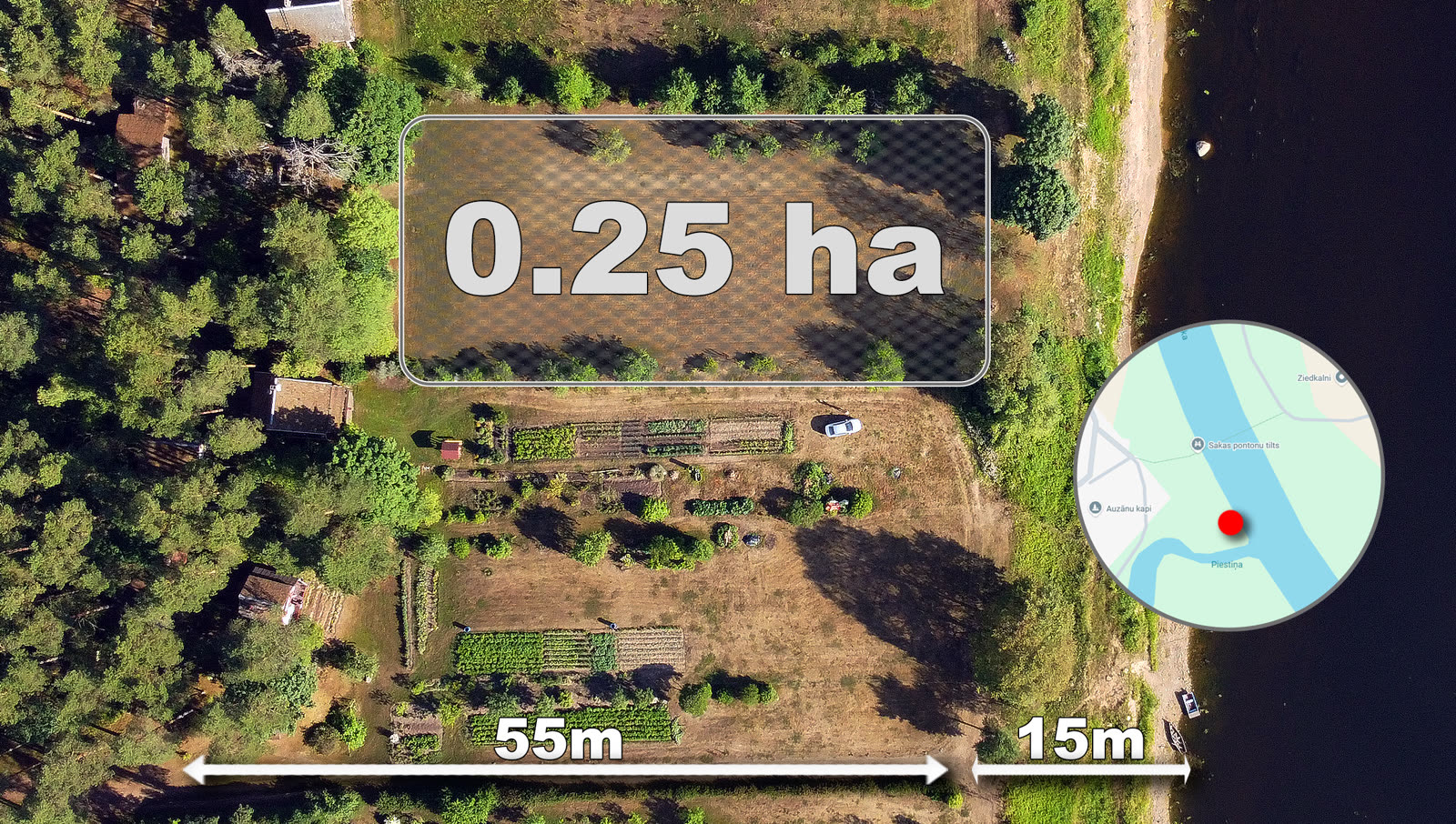 Dronu foto — zemes gabala uzmērīšana no gaisa ar platības un attāluma norādēm