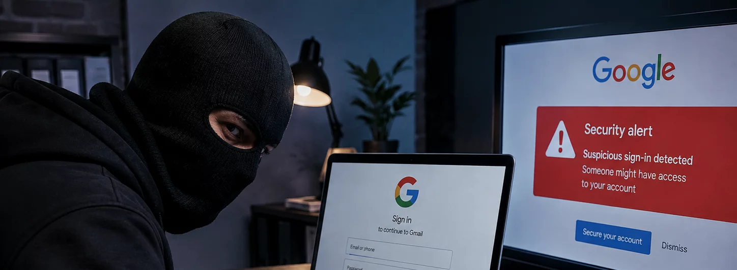 Maskēts krāpnieks pie datora ar viltotu Google drošības brīdinājumu ekrānā