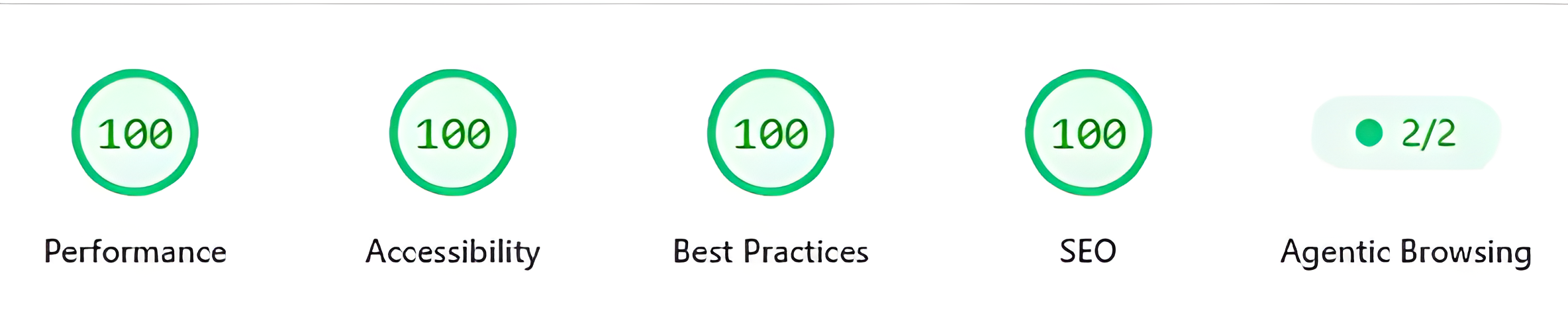 TAVIO veiktspējas audita ekrānuzņēmums: Performance, Accessibility, Best Practices un SEO — katrs 100; Agentic Browsing — 2/2