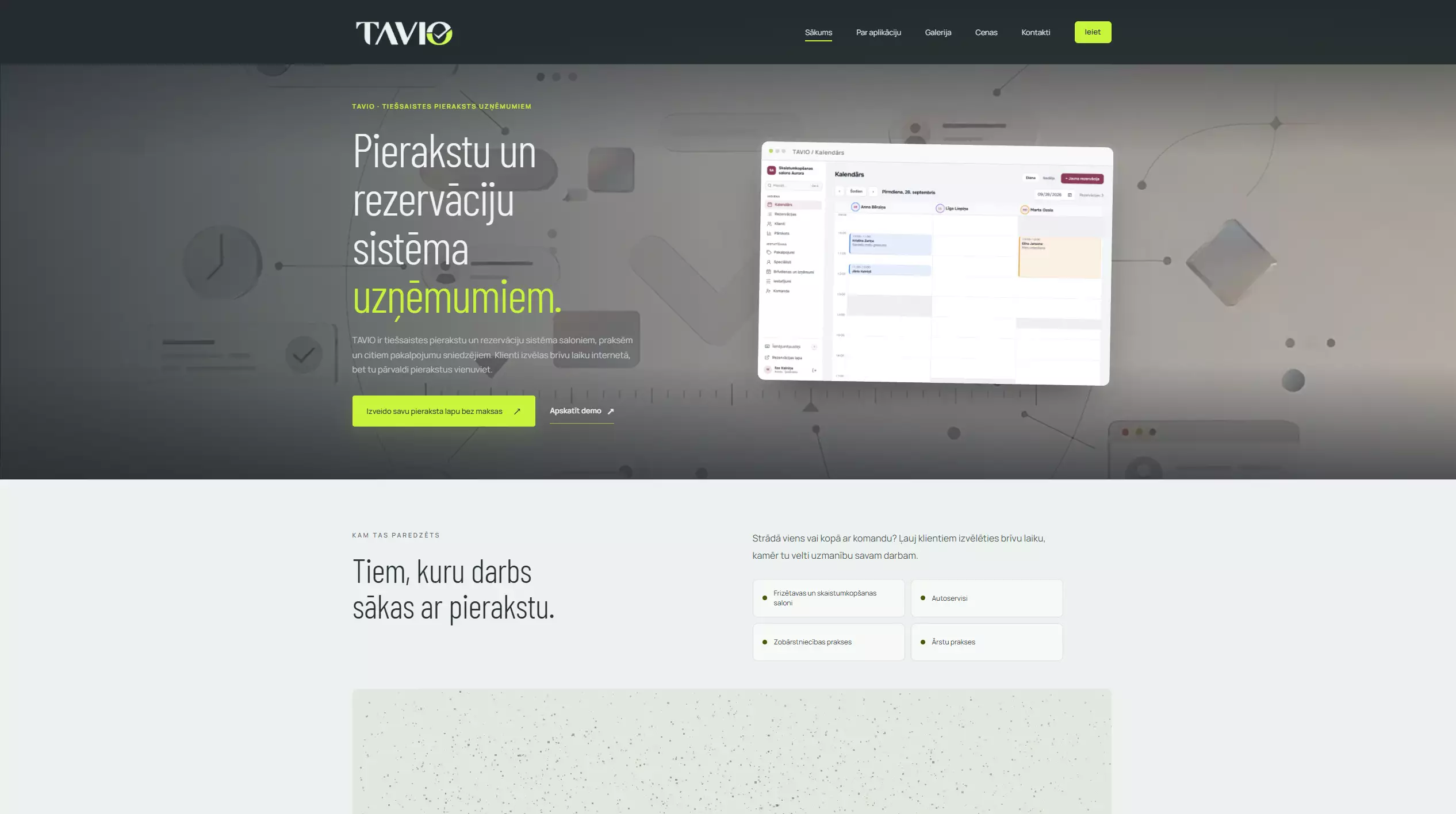 TAVIO mājaslapa un rezervāciju sistēmas kalendārs — Reklamix izstrādāts logo, dizains un platforma